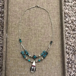Southwestern Vintage Zuni Inlaid Bird Silver/Turquoise Necklace